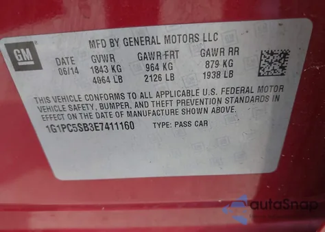 2014 Chevrolet Cruze 1Lt Auto from USA, damaged, VIN 1G1PC5SB3E7411160